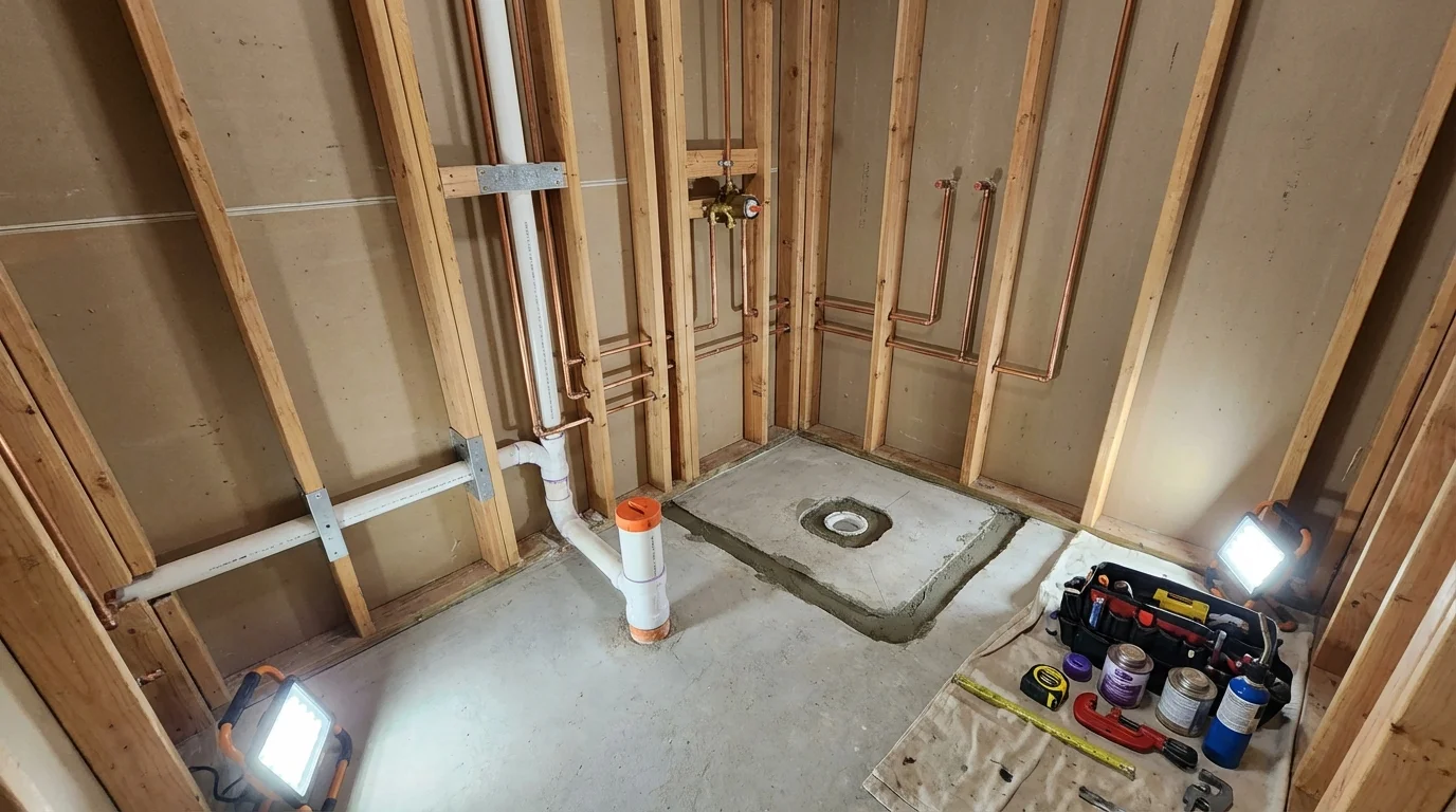 Bathroom rough-in plumbing during remodel by Johns Plumbing LLC in Dell Rapids
