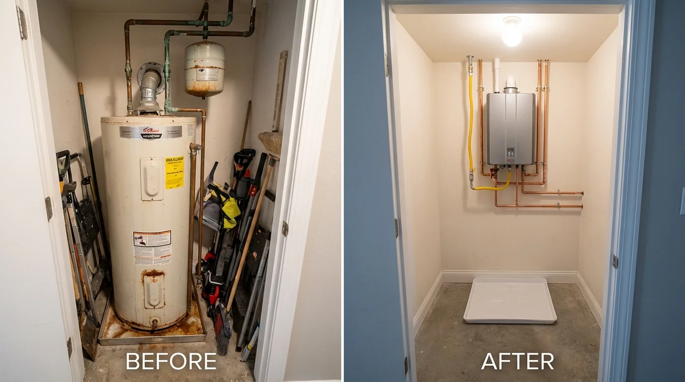 Tank water heater versus wall-mounted tankless unit comparison for Dell Rapids, SD homeowners