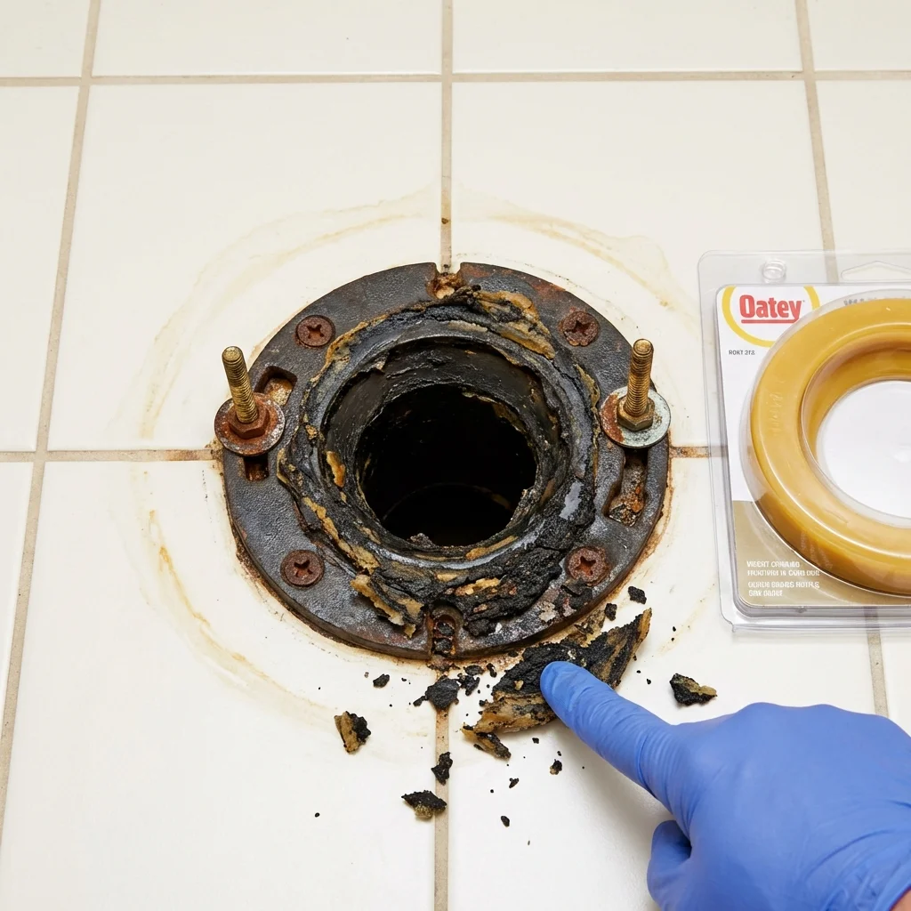 Failed wax ring showing water seepage at the base of a toilet in a Dell Rapids, SD home