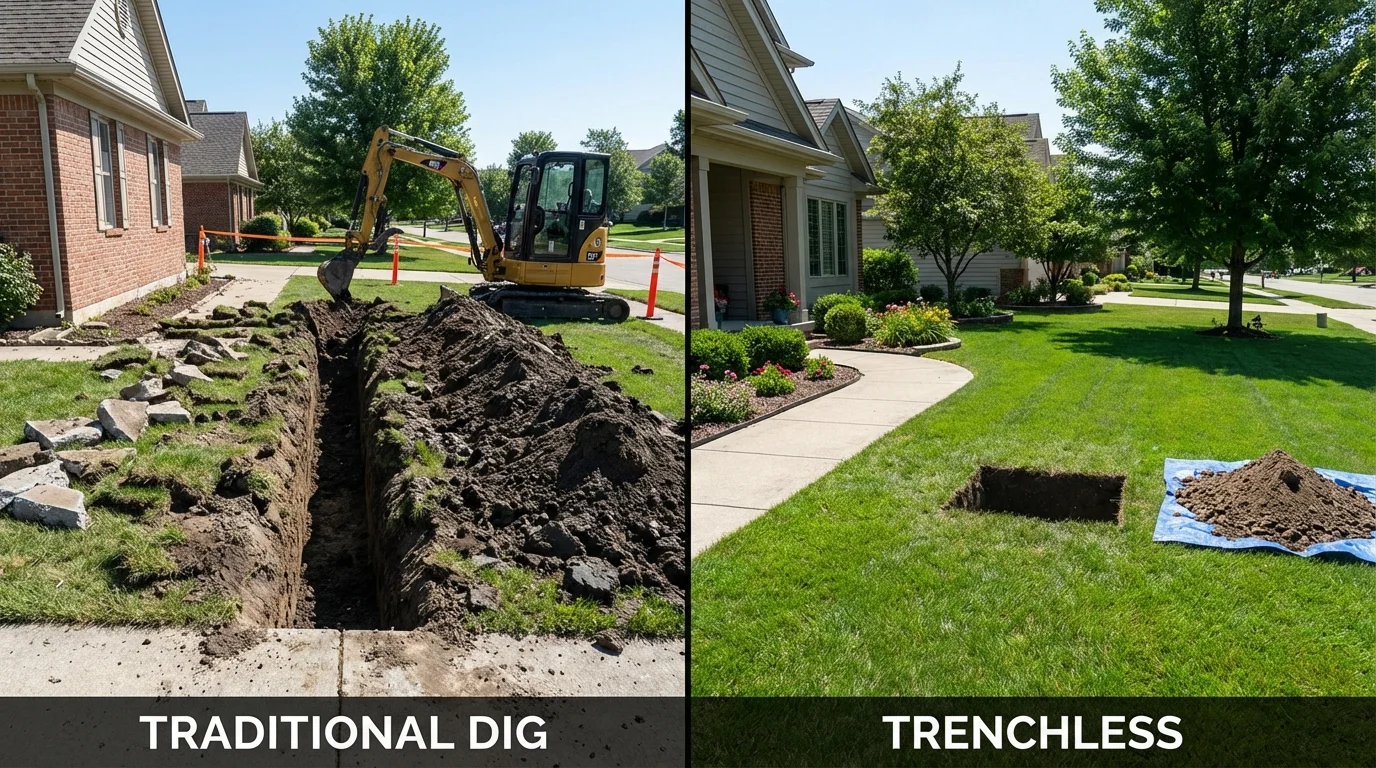 Trenchless sewer repair with minimal yard damage versus traditional excavation in Dell Rapids, SD